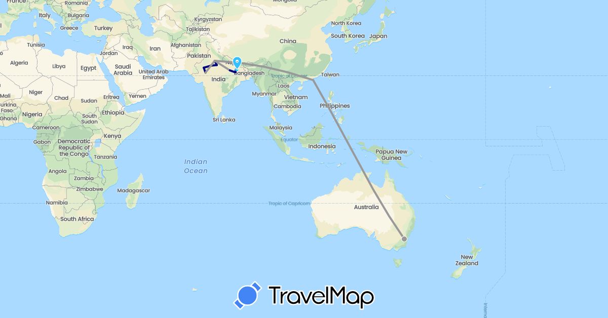TravelMap itinerary: driving, plane, boat in Australia, Hong Kong, India (Asia, Oceania)